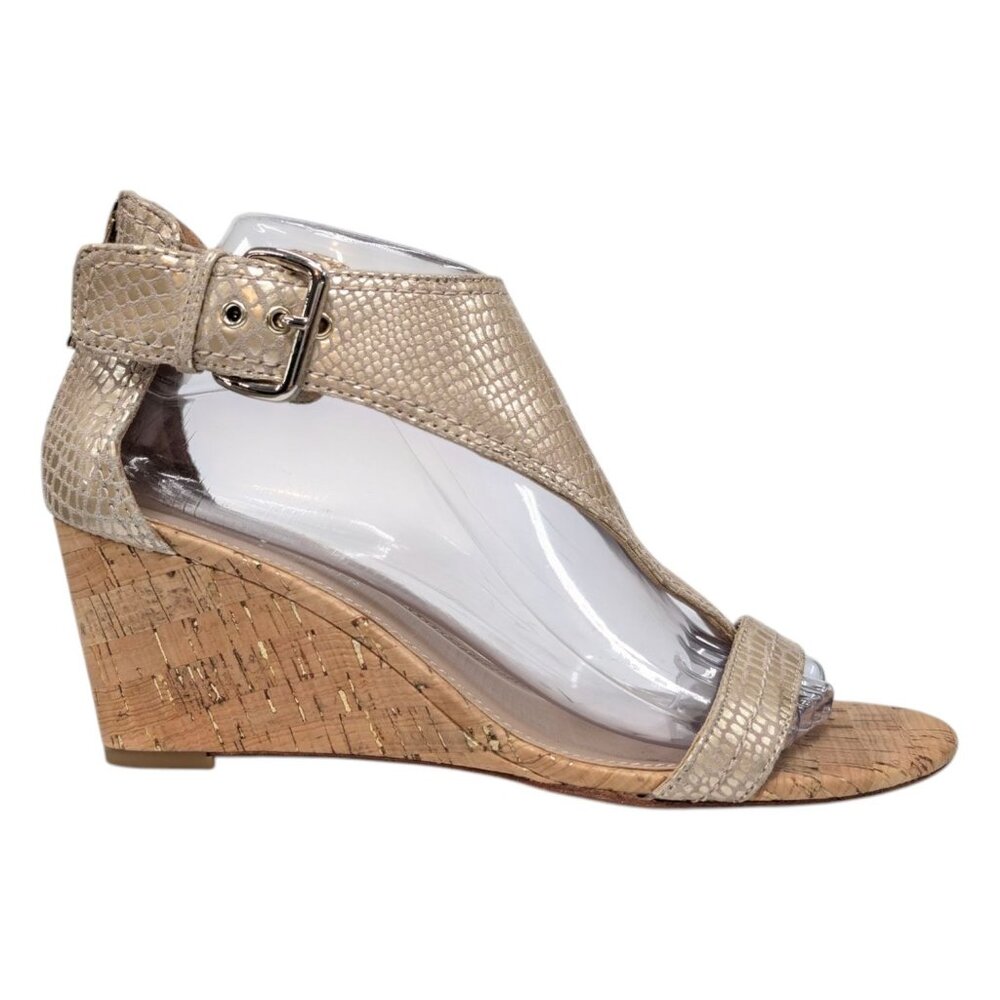 Donald J Pliner Cork Wedge Sandals Womens Gold Metallic Snake Leather Size 8.5